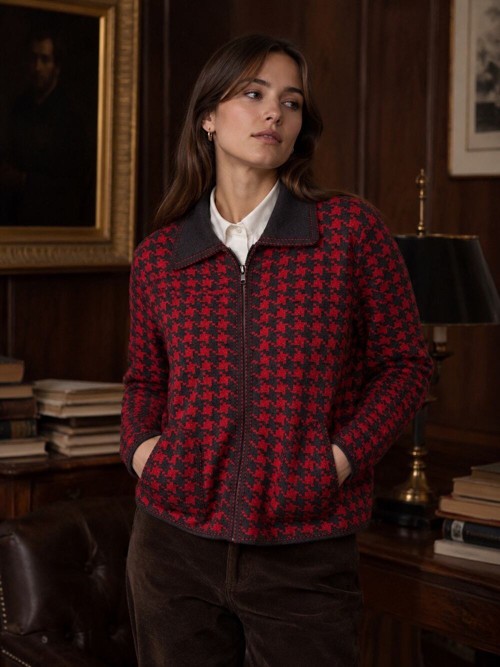 Pendleton Red Gray Houndstooth Merino Wool Blend Zip Jacket Large Petite Preppy